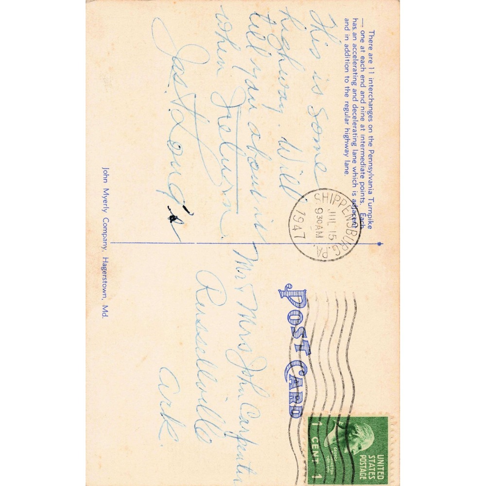 Pennsylvania Turnpike Interchange Linen Postcard 1947 Shippensburg PA Used - Picture 2 of 2